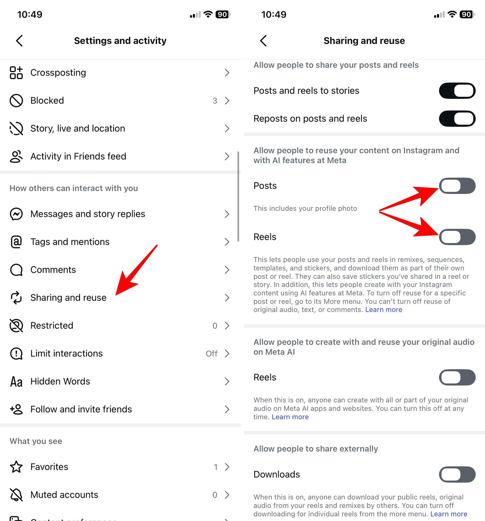 Toggle off Post and Reels under the Allow people to reuse your content on Instagram with AI features at Meta