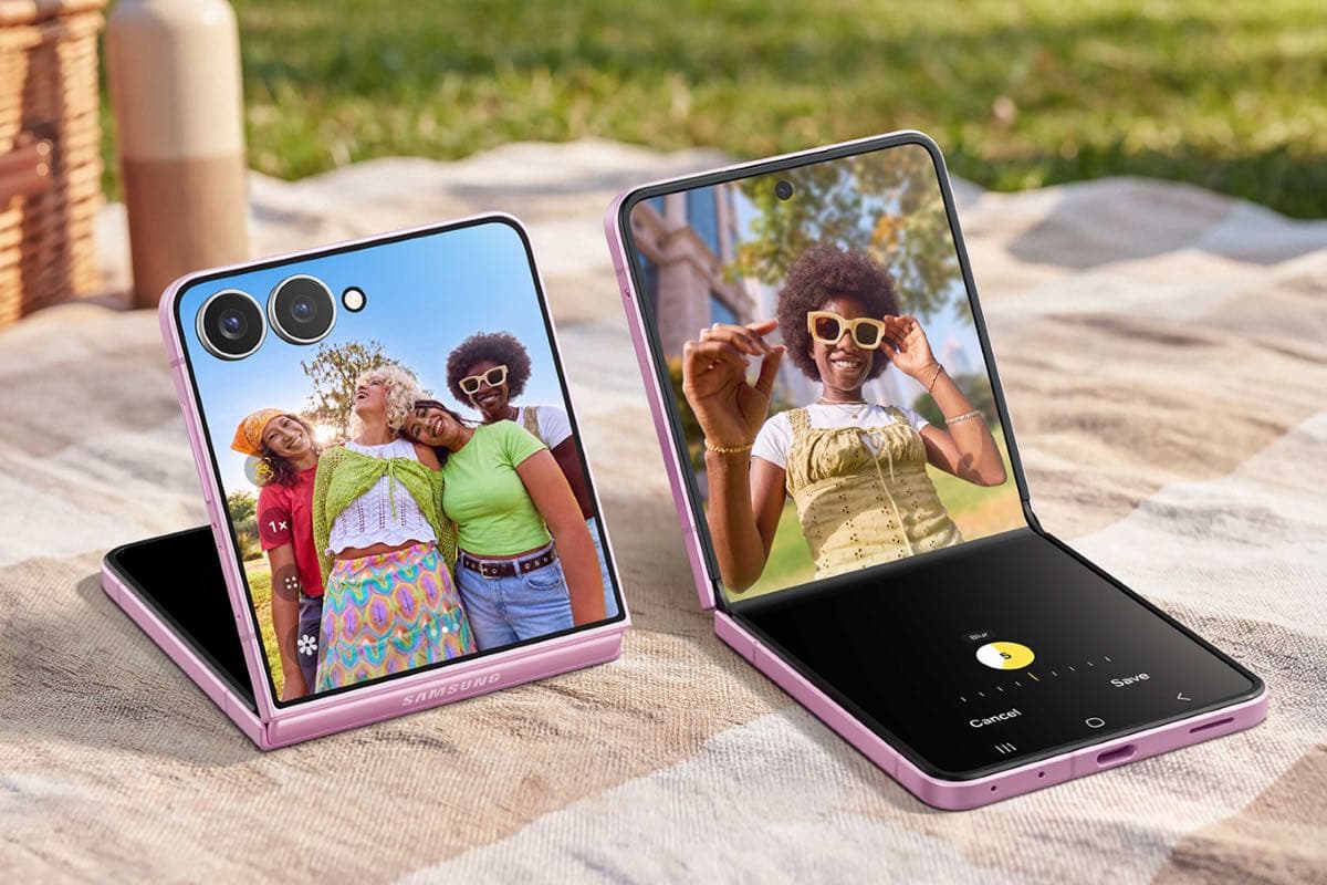 Samsung Galaxy Z Flip8 using FlexCam in folded and partially open positions