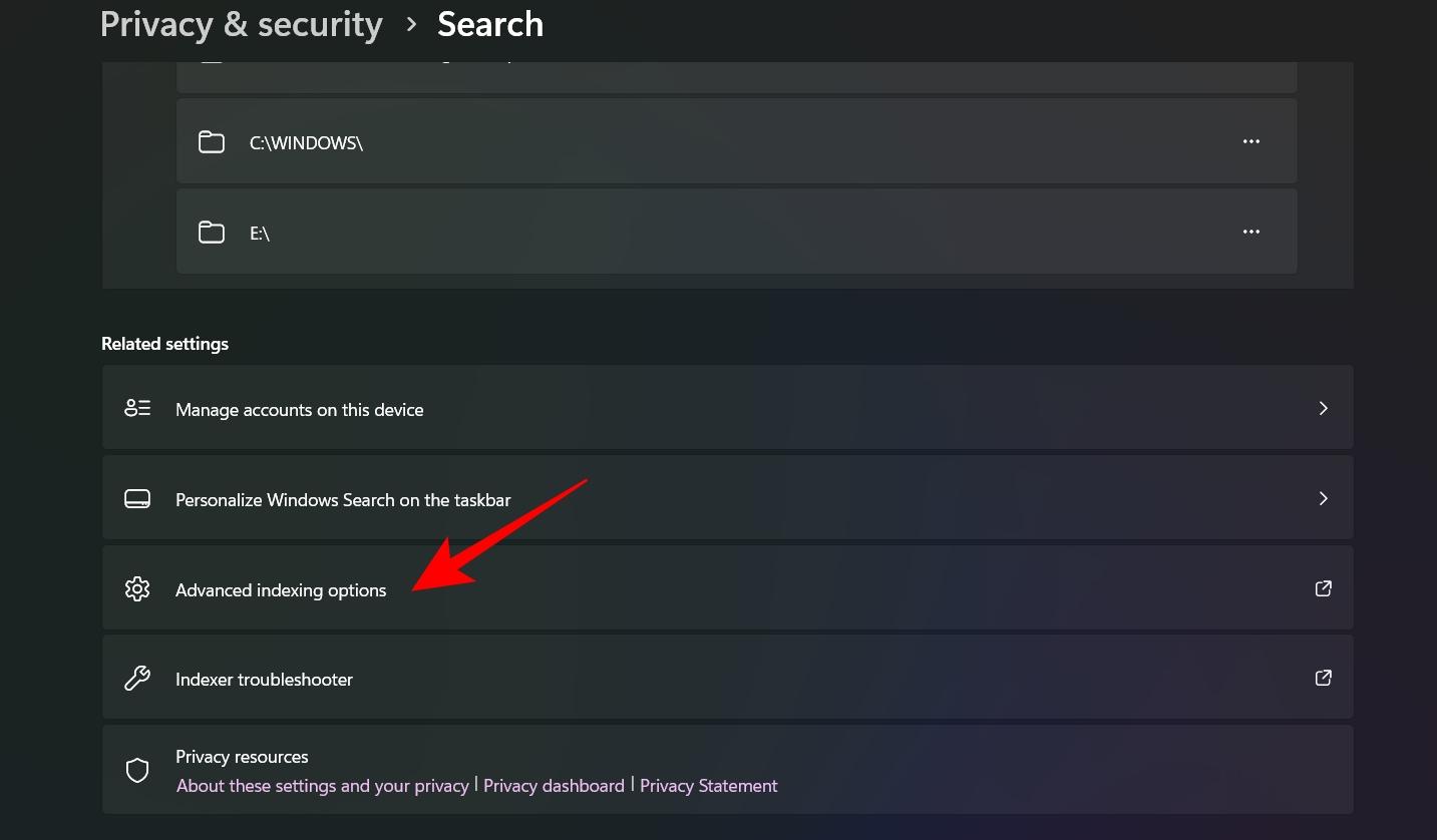 Click Advanced indexing options