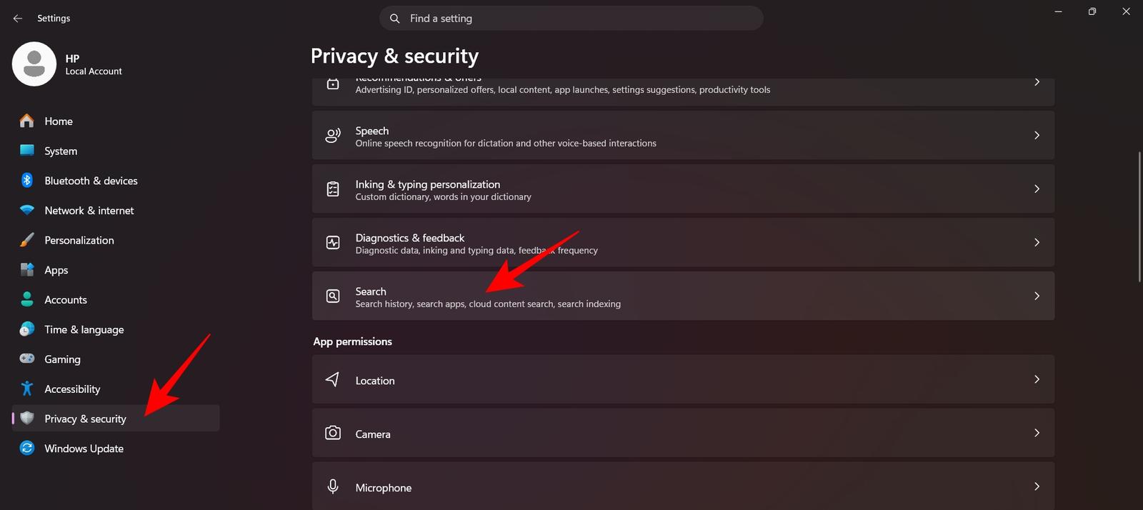 Click Privacy & security then select Search