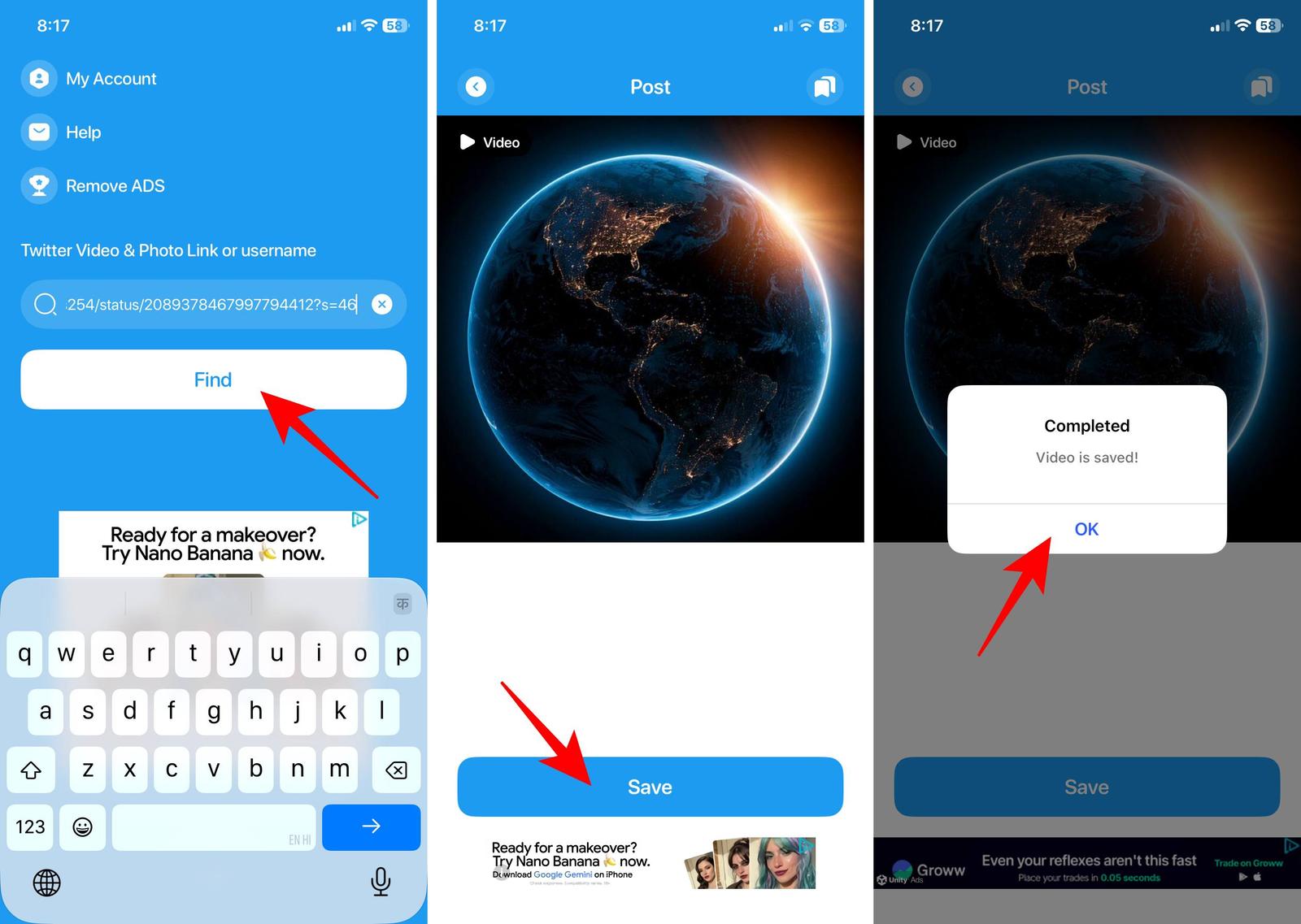 Paste the X video URL and tap Find and Save to download