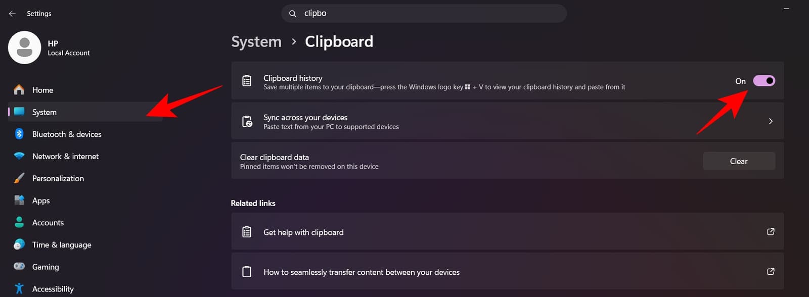 Toggle On Clipboard History