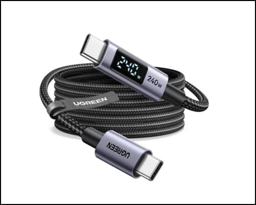 UGREEN USB-C to USB-C braided charging cable with digital power readout on the connector (shows 24W).