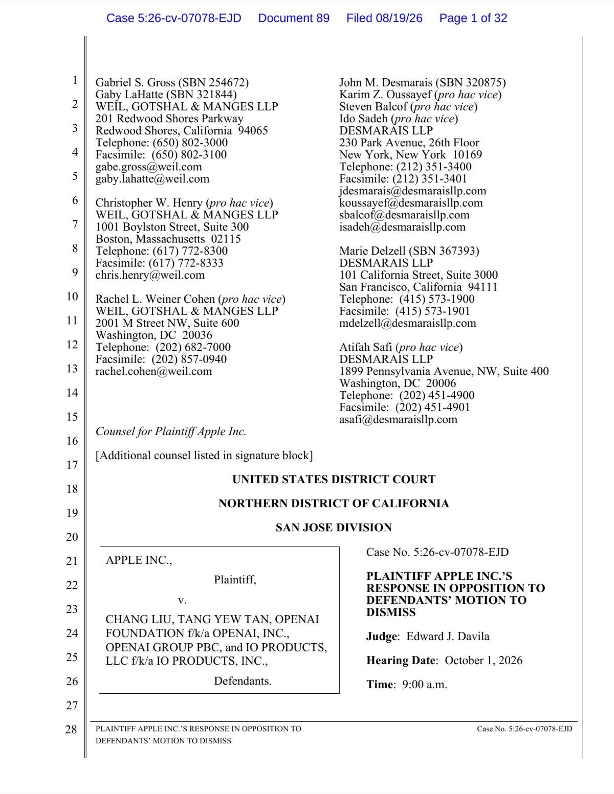First page of Apple's opposition to OpenAI's motion to dismiss