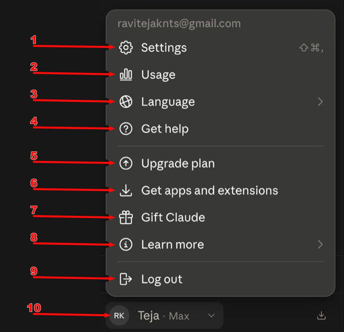 Numbered arrows identifying icons in Claude's account menu