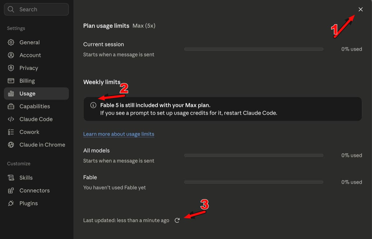 Numbered arrows identifying Close, information, and refresh symbols on a Claude Settings page