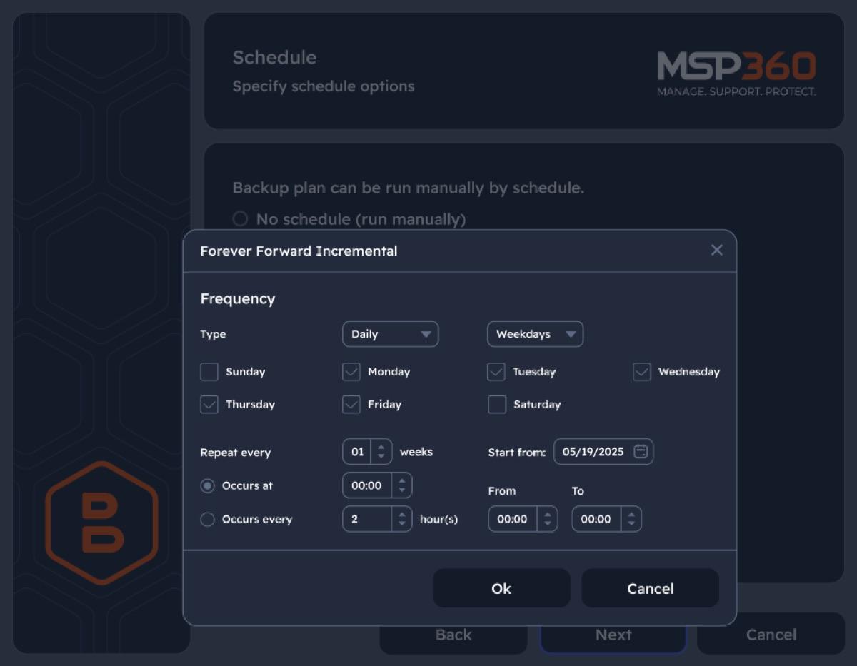 MSP360 Backup schedule options for incremental backups