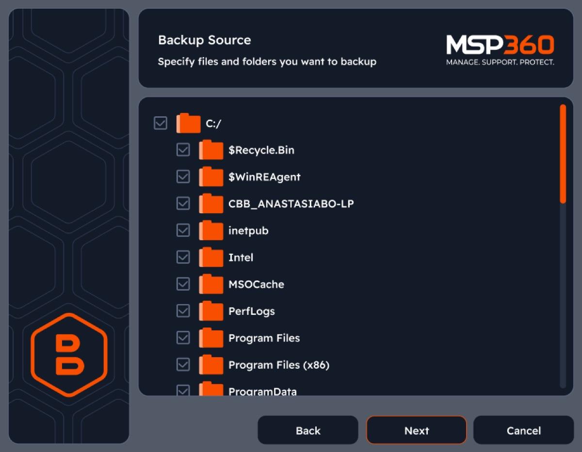 MSP360 Backup wizard for selecting files and folders