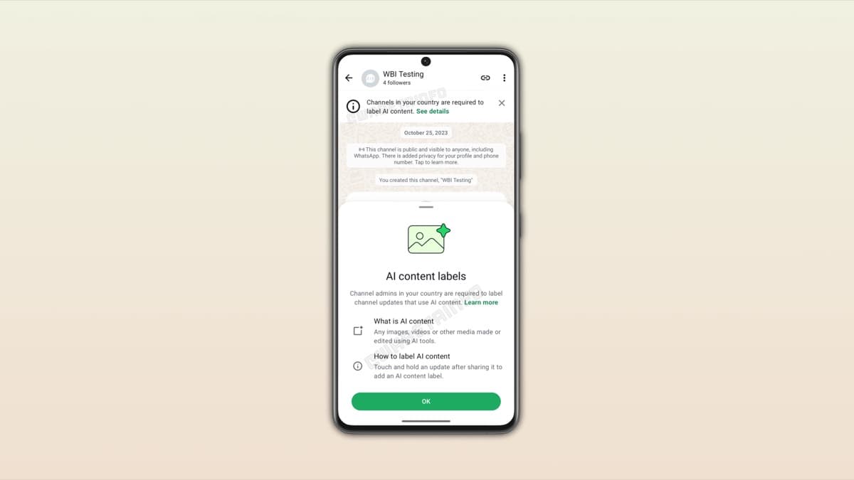WhatsApp Channel screen showing AI content label instructions for admins
