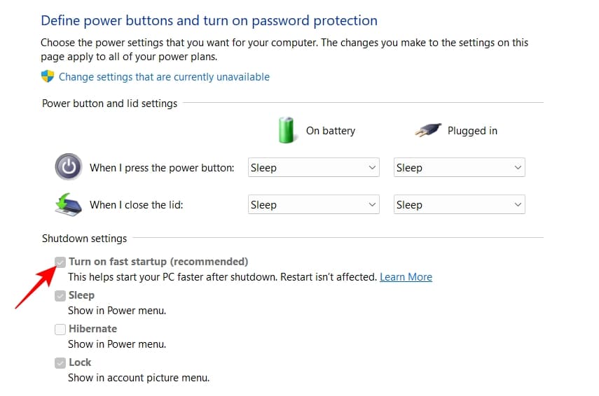Check if Fast Startup is selected and greyed out