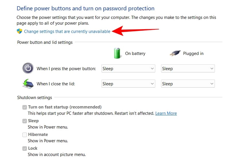 Click Change settings that are currently unavailable