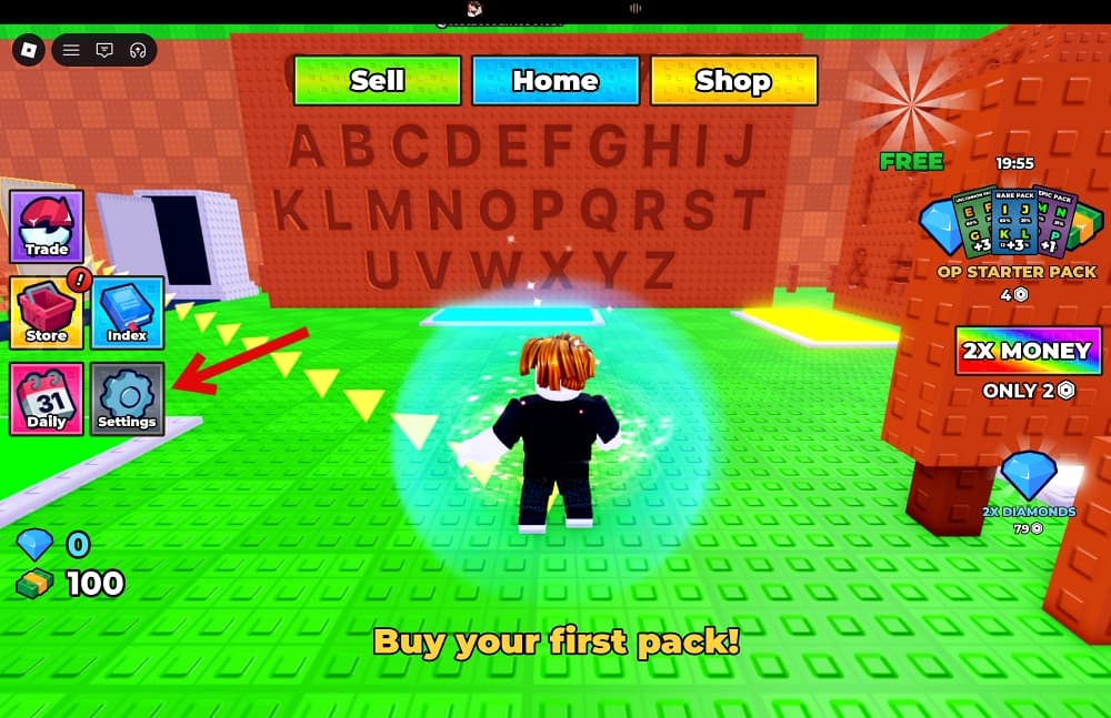 Click the Settings button in Collect the Alphabet Game on Roblox