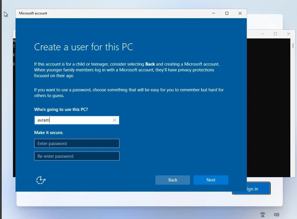 Create local username and password and continue Setup without signing in to Microsoft account