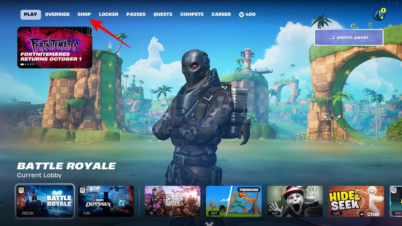 Homescreen interface in Fortnite