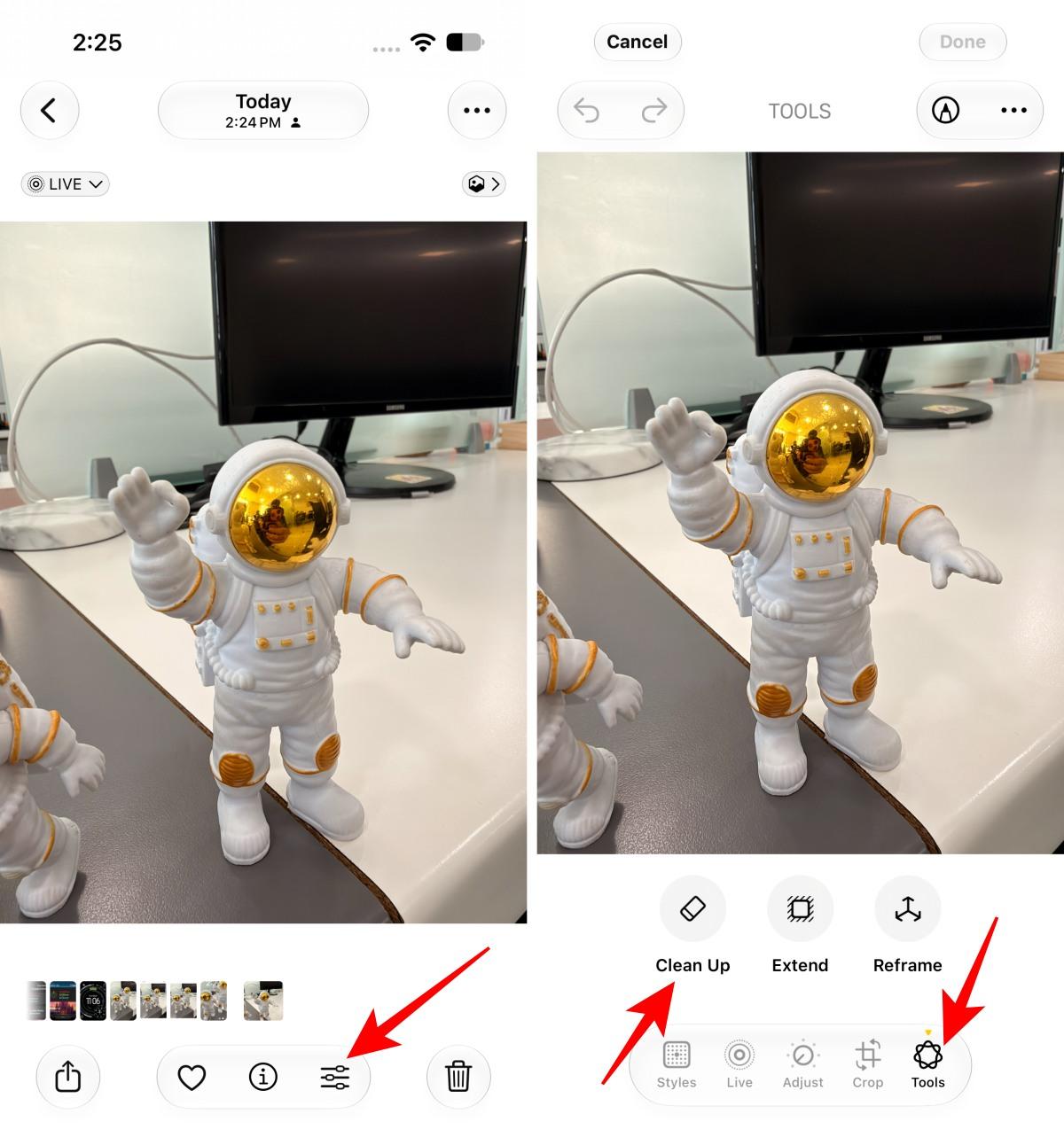 Open the image Tap Tools then select Clean Up