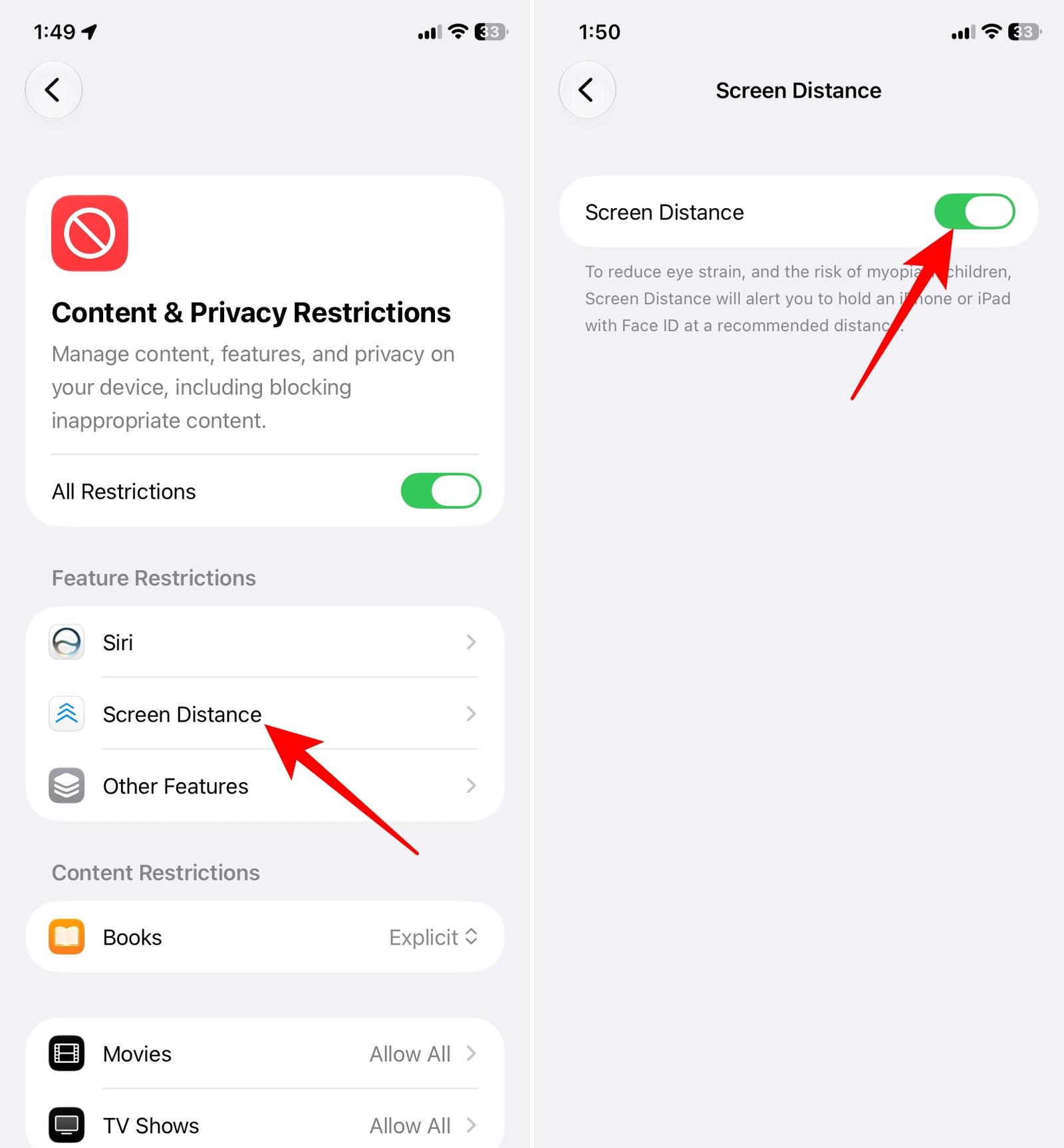 Screen Distance settings with the feature enabled