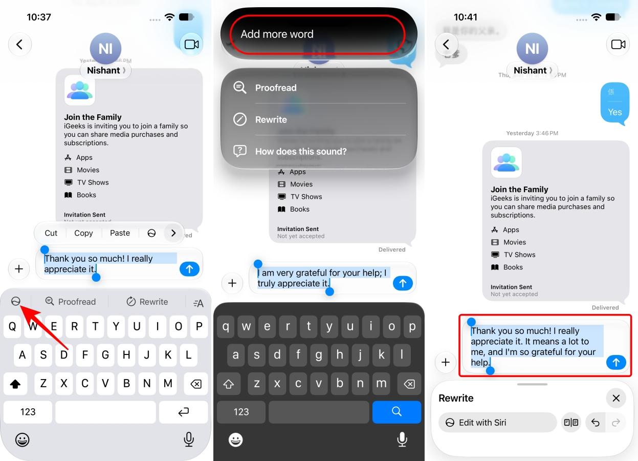 Siri AI rewrite menu with text editing options.