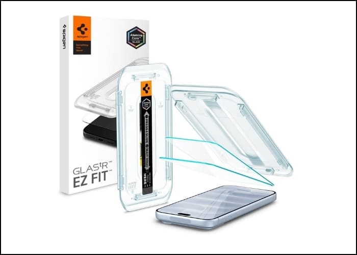 Clear glass screen protector being applied to a smartphone, with the EZ Fit packaging in the background and application arrows showing alignment.