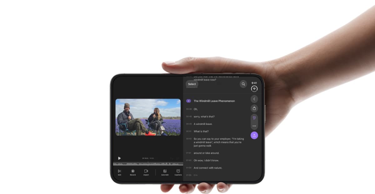 iPhone Duo showing video editing and a transcript workflow