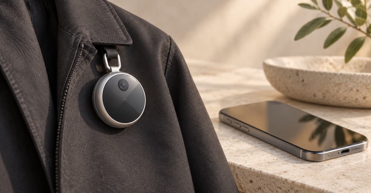 Illustration of a rumored AI pendant clipped to a bag beside an iPhone; Apple has not shown the device
