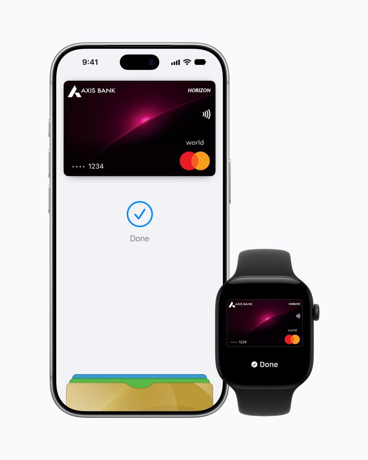iPhone and Apple Watch displaying an Axis Bank credit card in Apple Pay