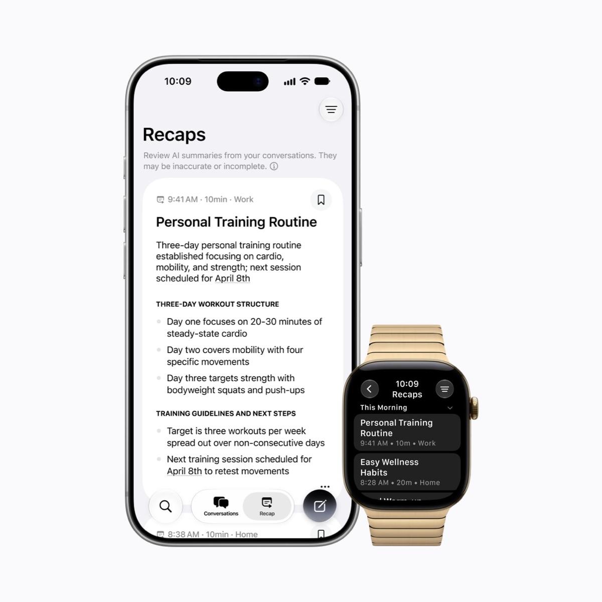 iPhone and Apple Watch showing Siri Recap conversation summaries