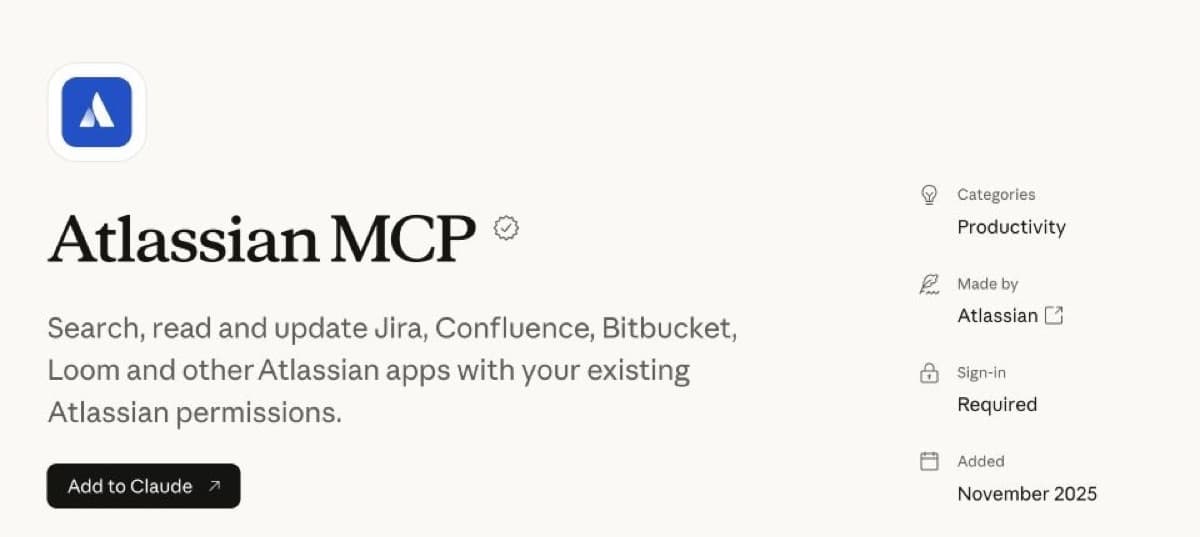 Atlassian MCP connector listing for Jira, Confluence, Bitbucket, and Loom
