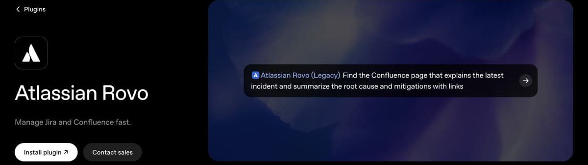 Atlassian Rovo plugin page showing a prompt to find incident details in Confluence