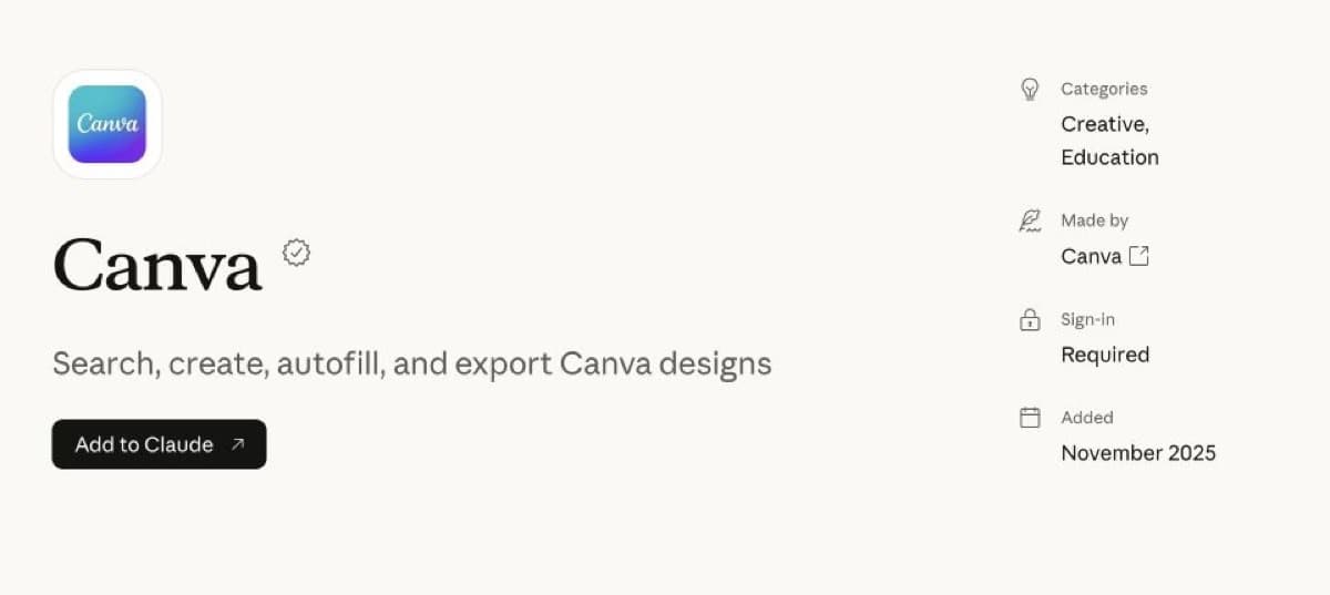 Canva connector listing in Claude Marketplace