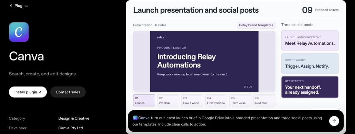 Canva example showing a launch presentation and matching social posts
