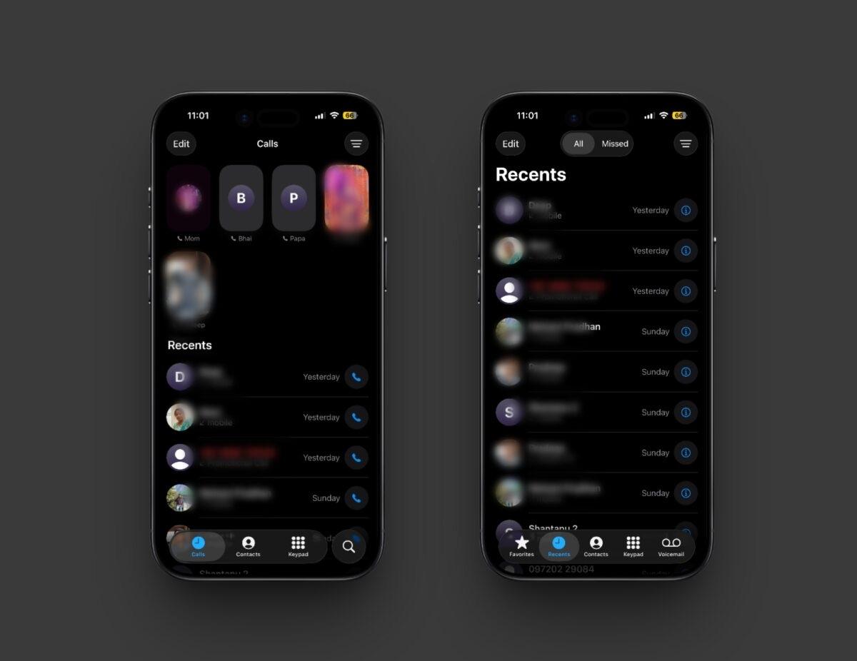 The iPhone Phone app in Classic and Unified layouts.