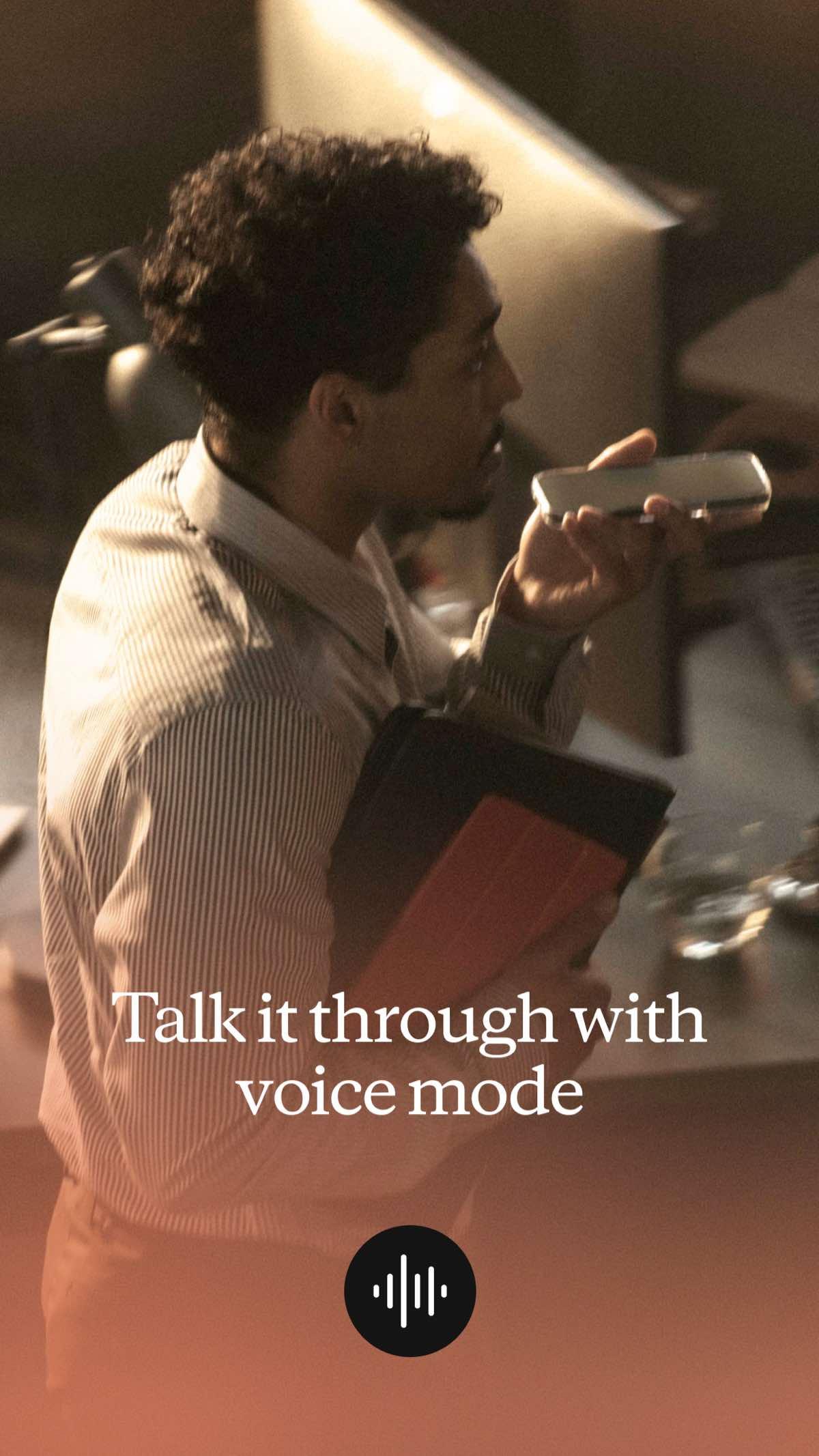 Claude voice mode promotional artwork showing a person speaking into a phone
