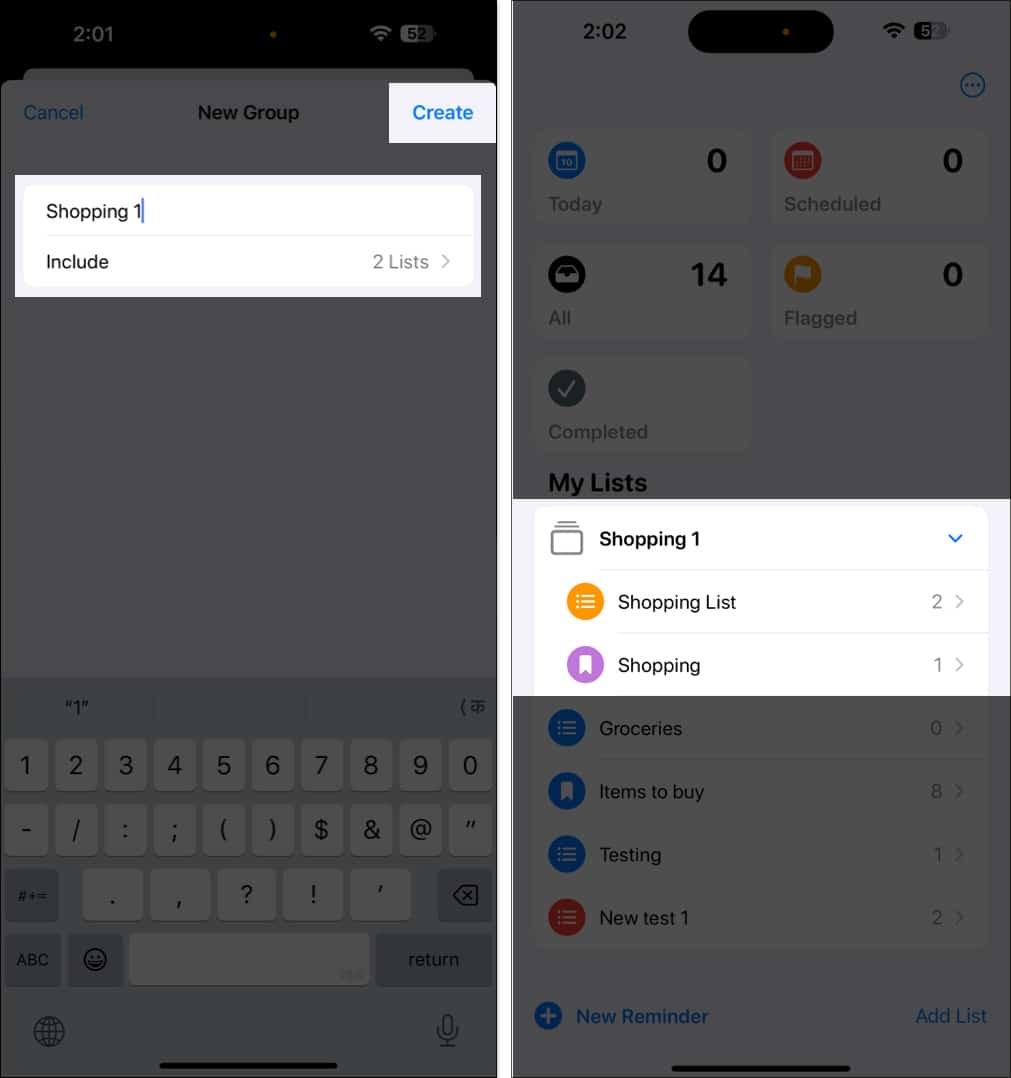 Create a group of reminder lists on iPhone.