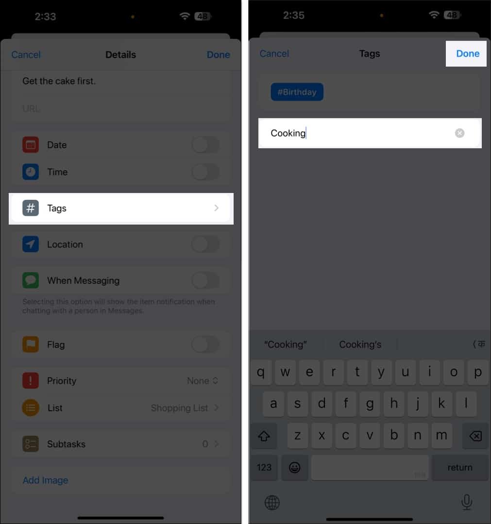 Add a tag to a reminder on iPhone.