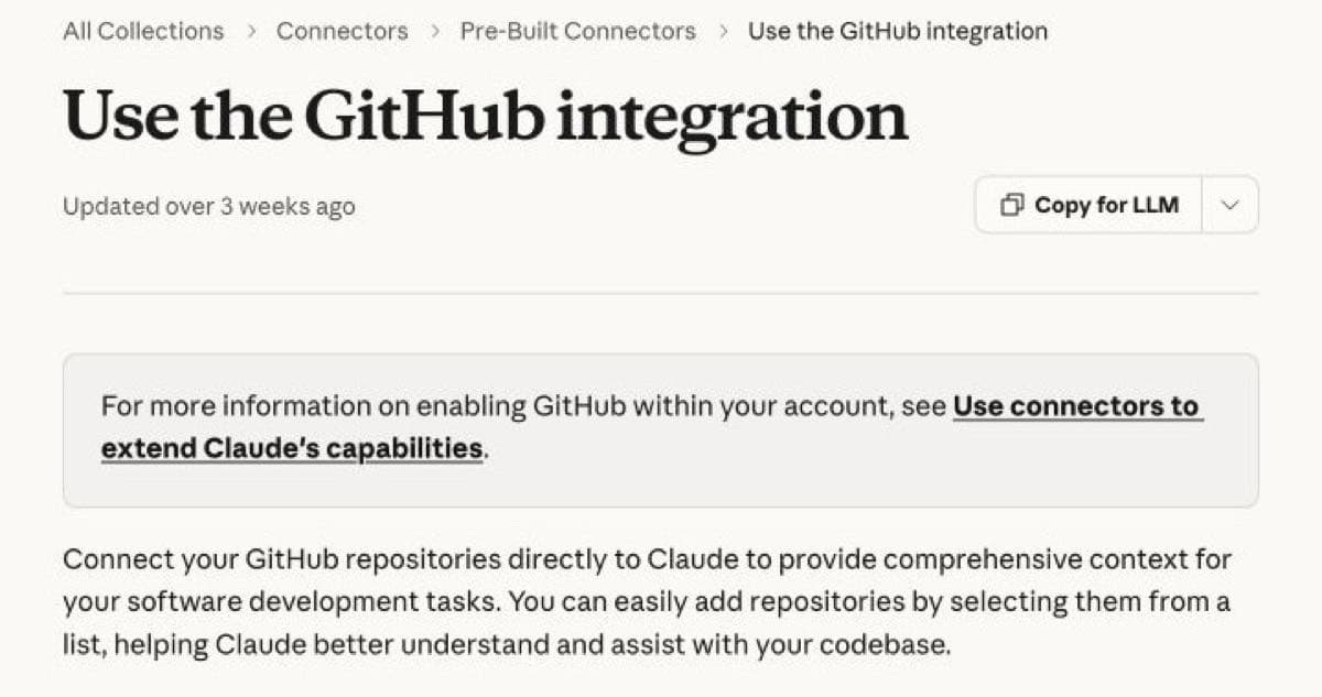 Claude Help Center's GitHub integration guide describing repository context for software tasks