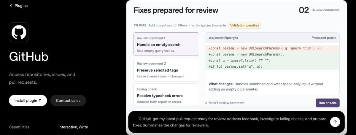 GitHub example showing a pull request review with proposed fixes