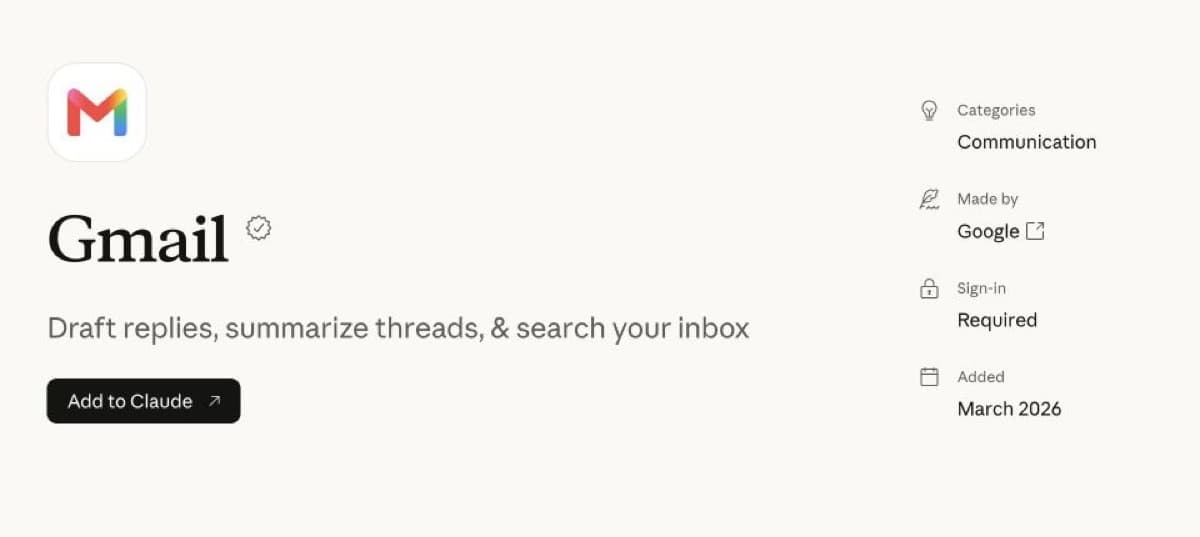 Gmail connector listing in Claude Marketplace