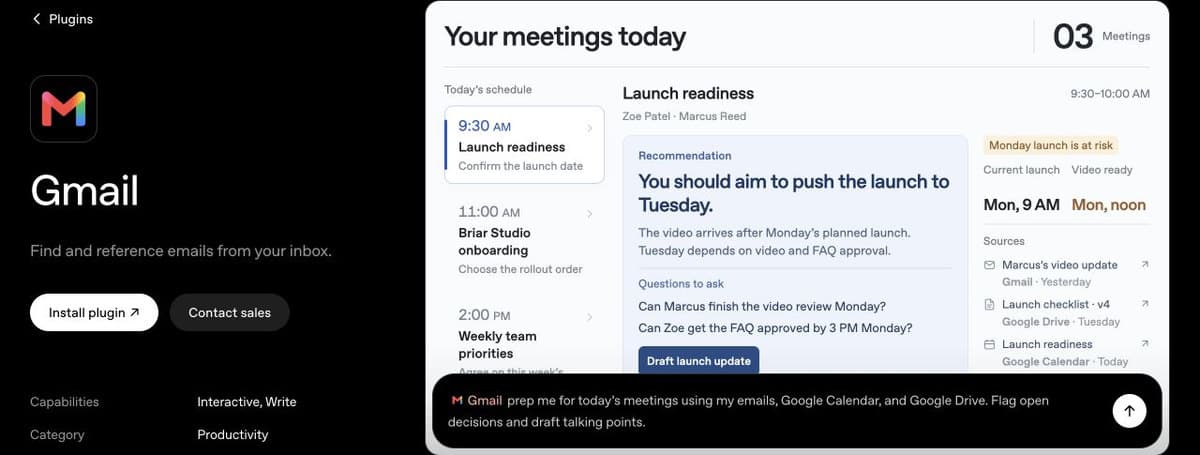 Gmail plugin example preparing for meetings with email, calendar, and Drive context