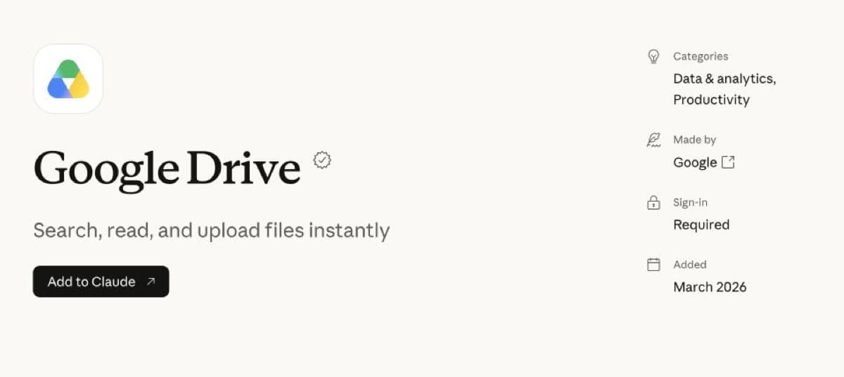 Google Drive connector listing in Claude Marketplace with a file search and upload summary