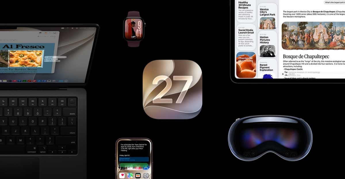 iOS 27 icon surrounded by Apple devices showing the new operating system