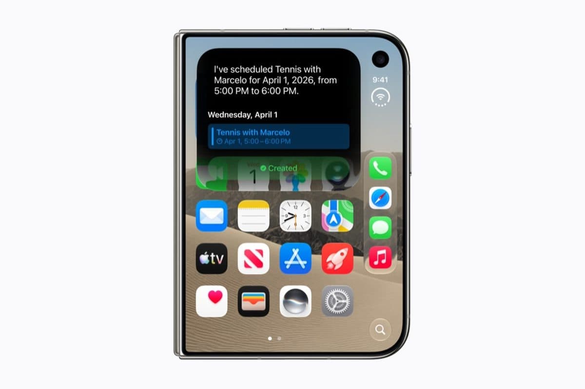 iPhone Duo showing Siri AI on the large inner display with personal context