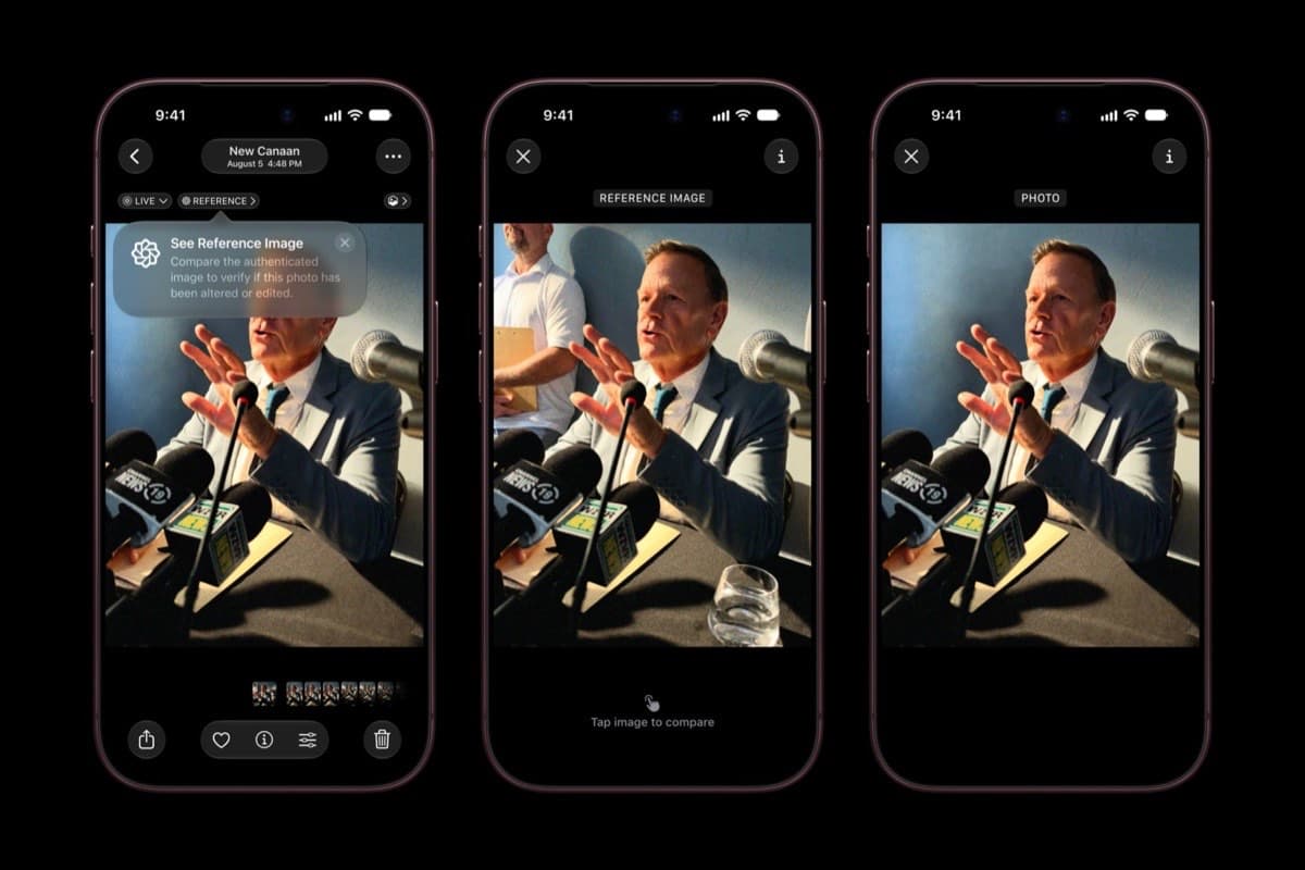 Three iPhones comparing an Apple Reference Image with a photo