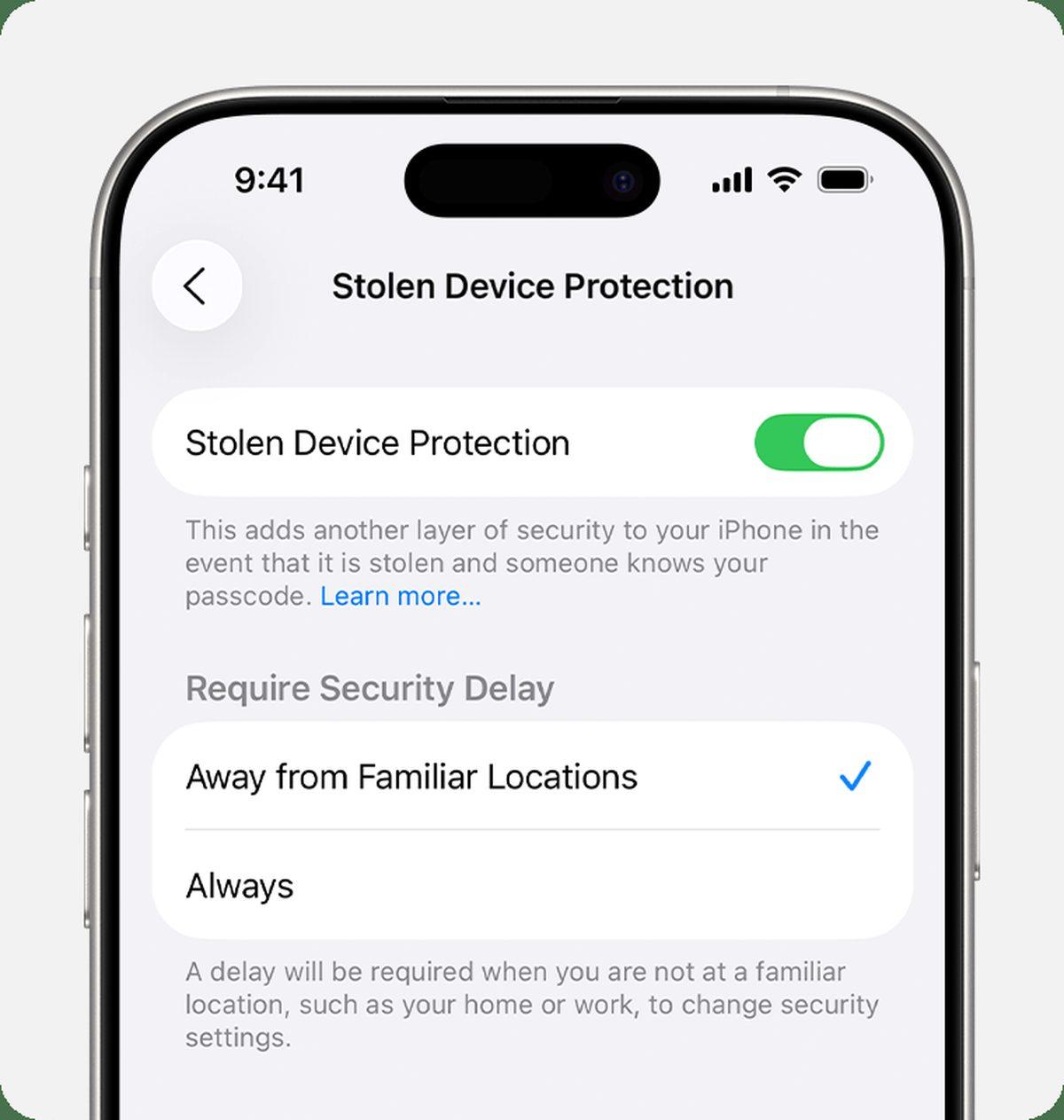 iPhone Settings showing Stolen Device Protection toggle under Face ID & Passcode, official Apple Support screenshot
