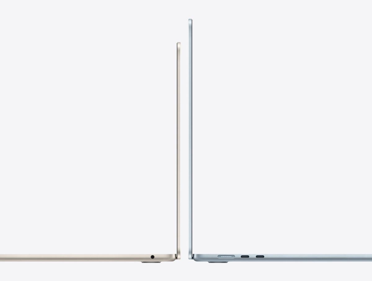 Two Apple MacBook Air laptops shown edge-on to illustrate the current size and thinness range