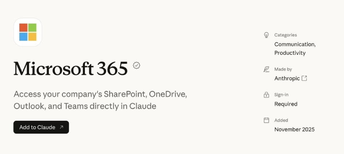 Microsoft 365 connector listing showing access to SharePoint, OneDrive, Outlook, and Teams