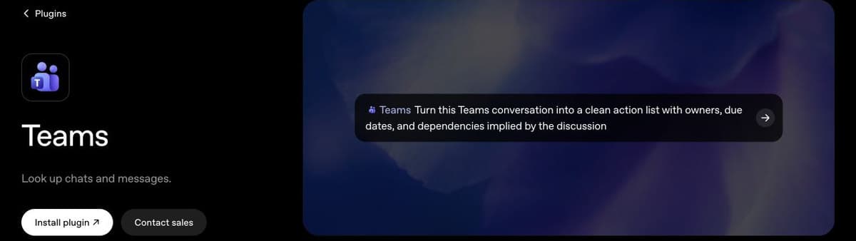 Teams plugin page showing a prompt to turn a conversation into an action list