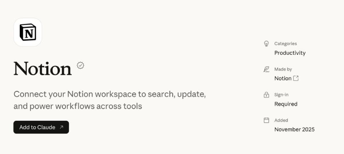 Notion connector listing in Claude Marketplace