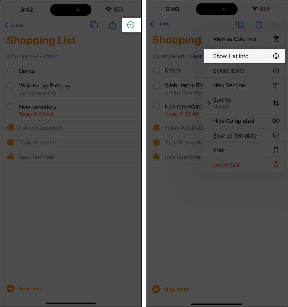 Editing a list in Reminders.