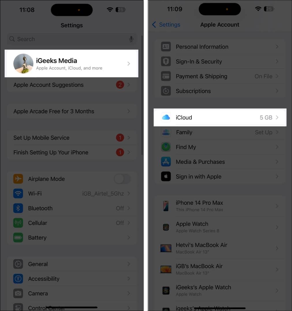 Accessing iCloud settings in iPhone Settings app.