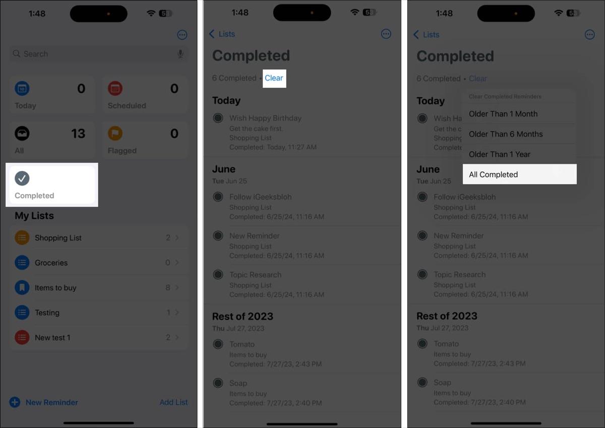 Accessing the Completed folder to view all completed reminders on an iPhone.